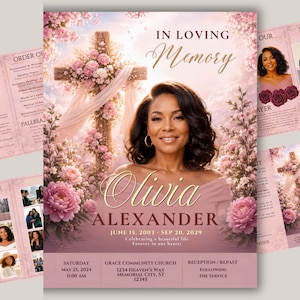 May include: A funeral program template featuring a portrait of Olivia Alexander, text reading In Loving Memory, and dates June 15, 2003 - Sep 20, 2029. The design includes a wooden cross adorned with pink flowers, soft lighting, and event details.