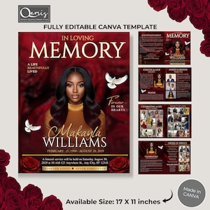 May include: A burgundy funeral program template with the text "In Loving Memory" and the name "Makayla Williams." The design includes a photo, doves, and roses. The template is fully editable in Canva and is available in a 17 x 11 inch size.