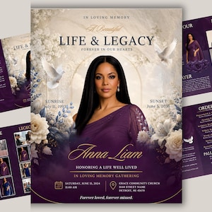 Purple Funeral Program Template, 8-Pages Memorial Program, Obituary Booklet, Celebration Of Life, In Loving Memory Editable Design