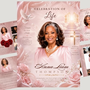 Peut inclure: Un modèle de programme funéraire avec le portrait d'une femme en robe rose, entouré de roses roses, de perles, d'une colombe blanche et d'un escalier doré. Le texte inclut Celebration of Life, Anna Liam Thompson et les dates 15 mars 1987 au 20 mai 2024.