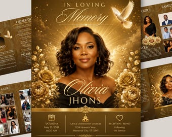 Gold Roses Funeral Program Template, 8- Pages Memorial Program, Celebration Of Life, In Loving Memory Editable Design, Obituary Book