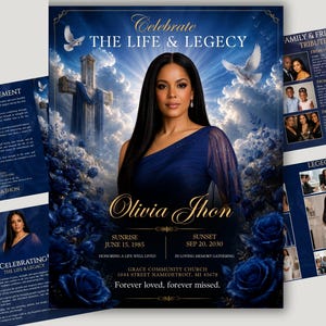 Puede incluir: Una plantilla de programa funerario con el retrato de una mujer con vestido azul marino, rodeada de rosas azules, palomas blancas y una cruz sobre un cielo nublado. El texto incluye Celebrate The Life & Legacy, Olivia Jhon, fechas y ubicación.