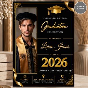 May include: Black and gold graduation announcement featuring a photo of a person in a graduation gown. The text reads "Graduation Celebration" and honors Liam Jhons, Class of 2026, from Golden Valley High School. Includes event details.