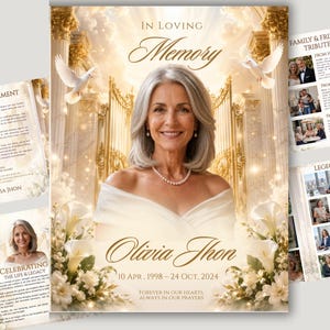 White & Gold roses Funeral Program Template, 8- Pages Memorial Program, Obituary Book, Celebration Of Life, In Loving Memory Editable Design