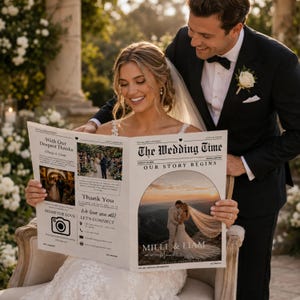 May include: A custom wedding newspaper titled The Wedding Time featuring photos of a couple, the text Our Story Begins, Milli & Liam, and With Our Deepest Thanks. The newspaper includes contact details, a camera icon, and wedding date information.