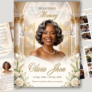 Modelo de programa funerário branco e dourado, programa memorial de 8 páginas, livro de obituários, celebração da vida, em memória amorosa, design editável