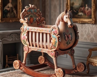 Vintage gunghästvagga miniatyr, graverade blommiga barnrumsmöbler (STL-fil)