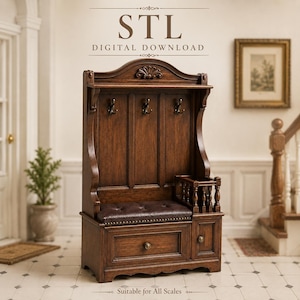 Könnte beinhalten: Eine dunkelbraune Garderobe aus Holz mit einer gepolsterten Sitzfläche aus dunklem Leder, drei Metallhaken, einer Schublade und einem kleinen Seitenfach mit Geländer. Der Text STL DIGITAL DOWNLOAD ist oben im Bild zu sehen.