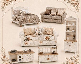 Miniature Rustic Farmhouse Bundle, 1:12 Shabby Chic Dollhouse Furniture, Vintage Cottagecore STL