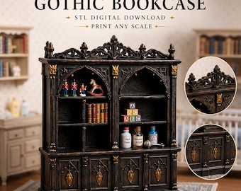Gothic Miniature Bookcase STL – 1:12 Scale Ornate Cathedral Library Shelf Furniture