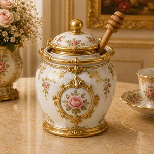 May include: A white ceramic honey jar featuring a gold-trimmed lid and base, decorated with pink rose floral patterns and gold filigree accents. A wooden honey dipper rests inside the jar, which is adorned with a central gold-framed rose motif.