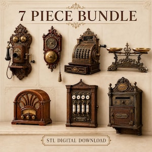 May include: A 7 piece bundle of digital STL files featuring vintage-style objects: a wall telephone, fire alarm, cash register, balance scale, radio, house panel, and post box. The text 7 PIECE BUNDLE and STL DIGITAL DOWNLOAD is visible.