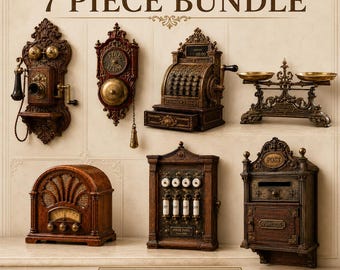 May include: A 7 piece bundle of digital STL files featuring vintage-style objects: a wall telephone, fire alarm, cash register, balance scale, radio, house panel, and post box. The text 7 PIECE BUNDLE and STL DIGITAL DOWNLOAD is visible.