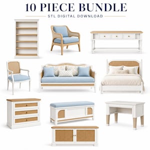 May include: A 10 piece bundle of furniture models featuring a white and light wood finish with light blue upholstery. The collection includes a bookshelf, armchair, console table, dining chair, sofa, bed, dresser, storage bench, desk, and cabinet.