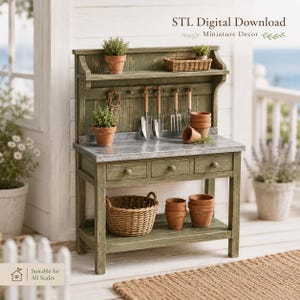 May include: A green wooden potting bench with a metal countertop, three drawers, and a lower shelf. The unit features a top shelf with a woven basket, two potted plants, and hanging gardening tools. Text reads: STL Digital Download Miniature Decor.