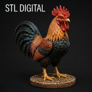 May include: A detailed rooster figurine standing on a circular stone-textured base. The bird features a bright red comb and wattle, golden-orange neck feathers, and dark blue-black tail and chest plumage. The text STL DIGITAL is visible.