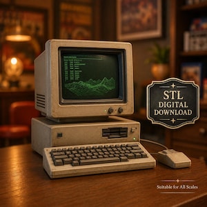 May include: A vintage-style beige desktop computer with a monitor displaying green text and a wireframe landscape, a keyboard, and a mouse. A decorative sign with the text STL DIGITAL DOWNLOAD and Suitable for All Scales is visible.