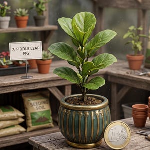 Può includere: Una pianta di fico a foglie di violino in un vaso decorativo verde acqua e oro. La pianta ha grandi foglie verdi. Un cartello dice "7. Fiddle Leaf Fig". Una moneta da un euro è accanto al vaso. La pianta è su un tavolo di legno.
