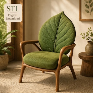 May include: An armchair with a wooden frame and a green fabric seat and backrest shaped like a large leaf with visible veins. The text STL Digital Download is visible in the upper left corner of the image, indicating a digital file product.