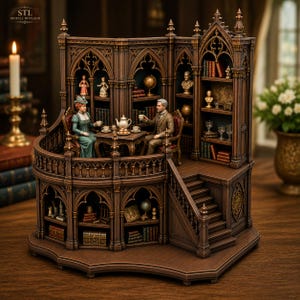 Puede incluir: Un diorama de madera de varios niveles que representa una biblioteca gótica con dos figuras sentadas a una mesa de té. La estructura incluye estanterías arqueadas, una escalera y objetos decorativos. El texto STL DIGITAL DOVLAND es visible.