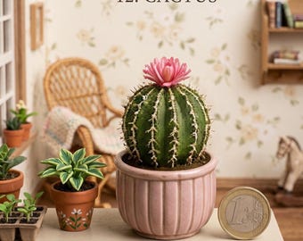 1:12 Dockhus Blommande Kaktus STL, Miniatyr Fatkaktus, Räfflad Krukdekor