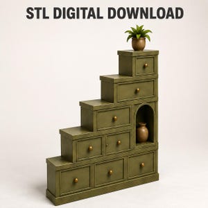 May include: An olive green tiered storage unit with multiple drawers and a single arched open compartment. The unit features small round knobs on each drawer. The text STL DIGITAL DOWNLOAD is displayed at the top. A small green plant in a pot sits on the highest level, and a brown vase is inside the arched section.