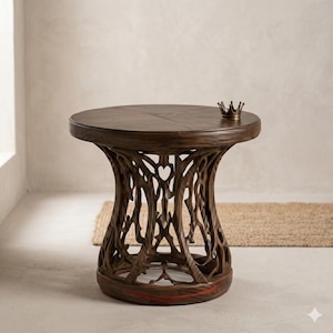 May include: A dark brown wooden side table with a round top and a unique, openwork base. The base features a carved, organic design. A small gold crown sits on the table's surface. The table is approximately 20 inches in diameter.