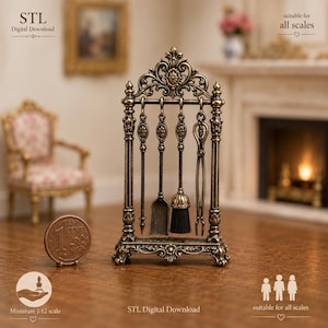 May include: A miniature antique-style brass fireplace tool set featuring a stand with an ornate top, holding a poker, shovel, brush, and tongs. A copper-coloured one-cent coin is placed next to the stand for scale. Text reads STL Digital Download.