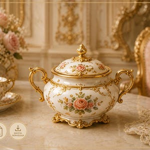 May include: A white porcelain sugar bowl with a lid, featuring gold-toned ornate handles, a gold finial, and gold trim. The bowl is decorated with painted pink rose clusters and green leaves, resting on a gold-toned base with a scalloped edge.