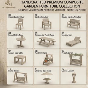 May include: A collection of handcrafted, premium composite garden furniture. The set includes a classic garden chair, armchair, double armchair, bistro table, picnic table, sun lounger, side table, plant pot stand, pergola bench, swing bench, umbrella-base table, and garden lantern.