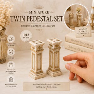 May include: Miniature twin pedestal set with a marble effect and gold accents. The pedestals are rectangular with a square top and base, and feature decorative fleur-de-lis details. The set is designed for dollhouses, dioramas, and miniature collections.