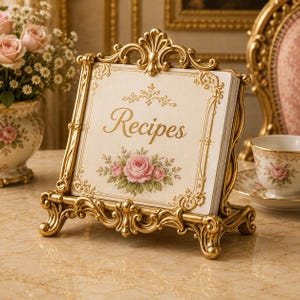 May include: A gold metal stand with ornate scrollwork holding a stack of square paper cards. The top card features the word Recipes in gold script, centered above a floral illustration of pink roses and green leaves with a gold border.