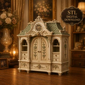 May include: A miniature cabinet with an arched central door, side shelving, and drawers, featuring ornate cream-colored carvings, a green shingled roof, and a circular decorative element. A black sign in the corner reads STL DIGITAL DOWNLOAD.