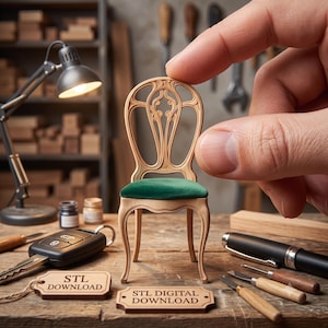 Peut inclure: Une chaise miniature en bois avec une assise en velours vert et un dossier sculpté orné. Deux petites étiquettes en bois sont placées devant, chacune gravée avec le texte STL DOWNLOAD et STL DIGITAL DOWNLOAD respectivement.