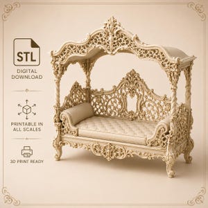 May include: A digital 3D model of an ornate, cream-colored canopy daybed featuring intricate scrollwork, a tufted seat, and four carved posts. Text on the left reads STL DIGITAL DOWNLOAD, PRINTABLE IN ALL SCALES, and 3D PRINT READY.