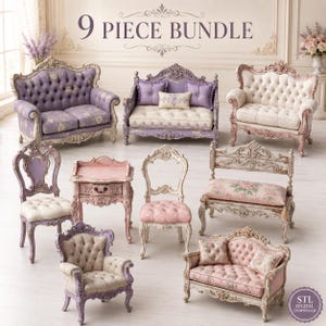 9 Piece Victorian Furniture STL Bundle, Dollhouse Sofa Chair Set, 1:12 Miniature Furniture
