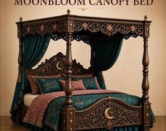 Miniature Moonbloom Canopy Bed, 1:12 Gothic Dollhouse Furniture, Fairytale Bedroom STL, Witch Cottage Diorama