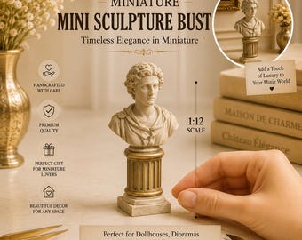 May include: Miniature mini sculpture bust with a classic design. The bust is off-white with a gold-colored base. The image includes text that reads "Handcrafted with Care", "Premium Quality", "Perfect Gift for Miniature Lovers", and "Beautiful Decor for Any Space".