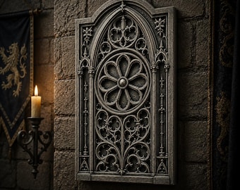 Archivo STL para panel de pared con ventana de catedral gótica, decoración de pared medieval, relieve en miniatura de fantasía.