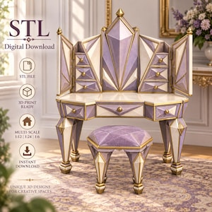 May include: A digital 3D printable STL file for a vanity set featuring a dressing table with a tri-fold mirror and a matching stool. The furniture has a geometric design in lavender and cream with gold trim, including multiple small drawers.