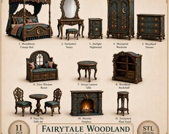 Fairytale Woodland Miniature Bedroom Furniture Set, 11 Pcs STL (Digital Download)