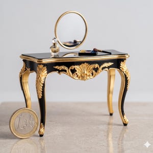 May include: Miniature black and gold vanity table with a round mirror, perfume bottle, and makeup. The table has ornate gold detailing and curved legs. A 1 Euro coin is next to the table for size comparison.