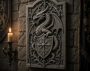 Gothic Dragon Shield Wall Panel, Dark Fantasy Diorama Prop, Medieval Miniature STL