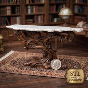 May include: A miniature console table with a white marble top and a dark brown carved wooden base featuring floral and organic scrollwork details. A US dime coin is placed at the base for scale, and a gold label reads STL DIGITAL DOWNLOAD.