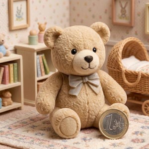 Puede incluir: Un oso de peluche marrón claro con una pajarita gris está sentado en una alfombra estampada. Una moneda de un euro está delante del oso. El oso tiene la nariz y los ojos negros. Un cochecito de mimbre y pequeños cuadros enmarcados están en el fondo.
