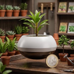 May include: A small green plant in a white and bronze-colored spherical pot. A one Euro coin is next to the pot. The background includes other potted plants, gardening tools, and seed packets on wooden shelves.