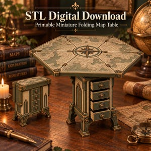 May include: An STL digital download for a printable miniature folding map table. The hexagonal table features a compass rose design on the surface, a green and cream color scheme, and four small drawers. A matching miniature cabinet is included.