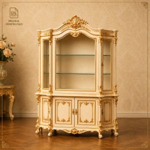 Vitrine baroque miniature STL - Vitrine ornée à l'échelle 1:12, armoire en verre, meubles de maison de poupée