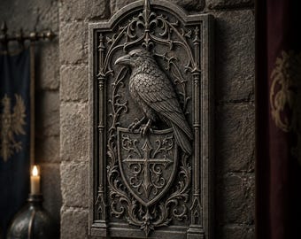 Gothic Raven Shield Wall Panel, Dark Fantasy Diorama Prop, Medieval Heraldry Miniature