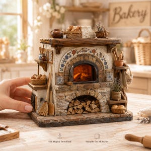 Peut inclure: Un modèle miniature de four de boulangerie en pierre avec un foyer central voûté aux braises rougeoyantes, un compartiment de stockage pour le bois en dessous et des carreaux décoratifs à motifs floraux. Des étagères portent des paniers de pain.